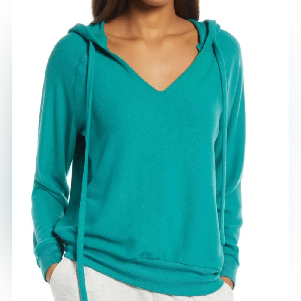 TREASURE & BOND SUPER SOFT GREEN HOODED V-NECK BANDED HEM SWEATSHIRT SZ XS